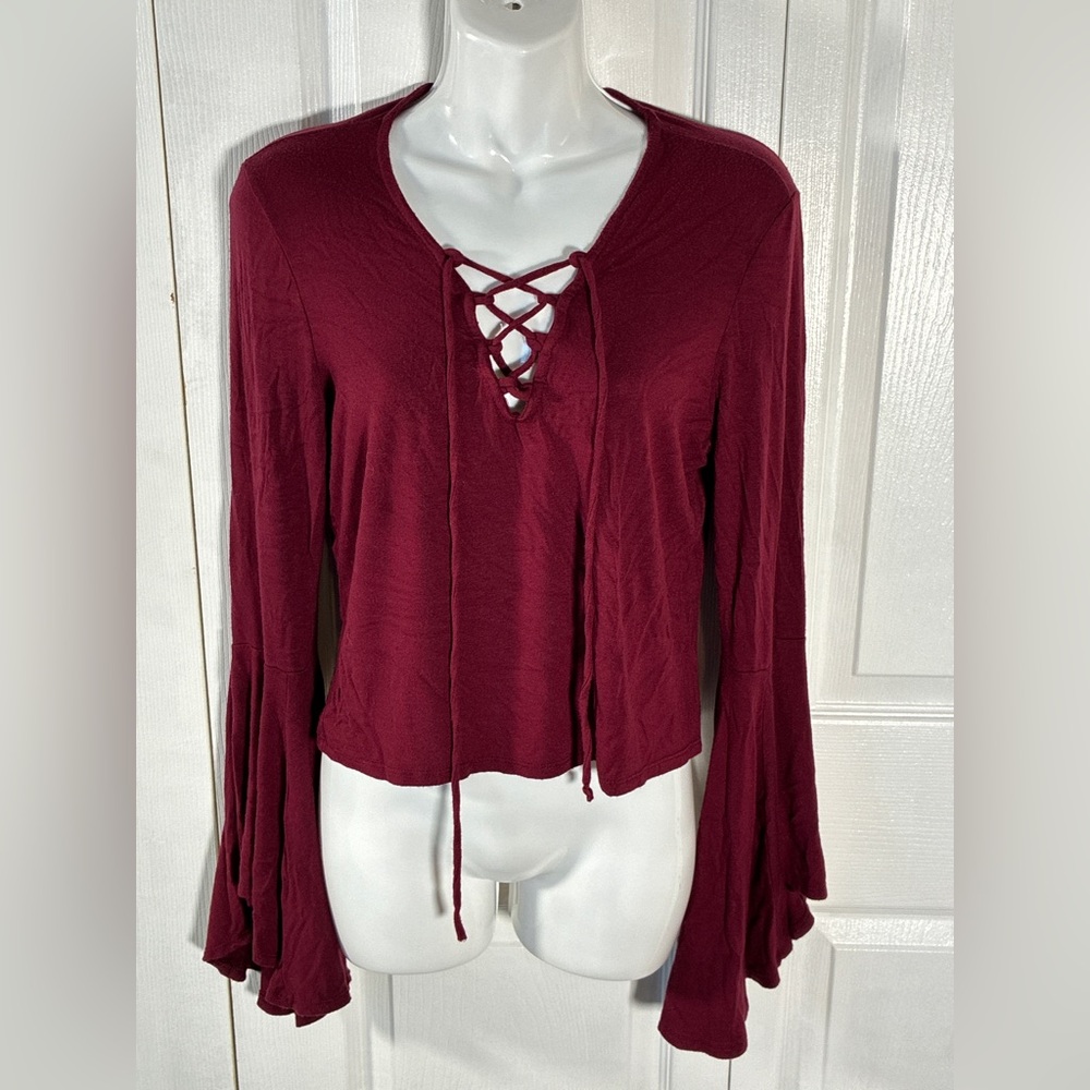 No Comment Burgundy Cropped Front Lace Up Bell Sleeve Top